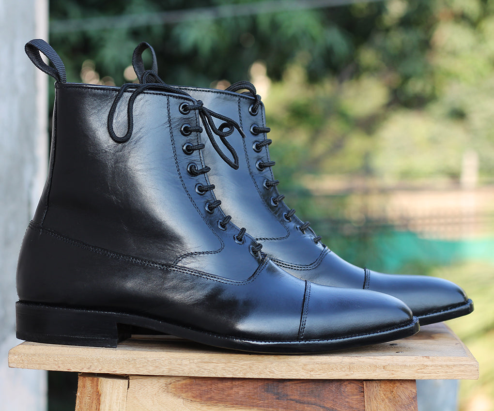Handmade Men's Ankle High Cap Toe Leather Dress boots, Men Black Lace up  Boots