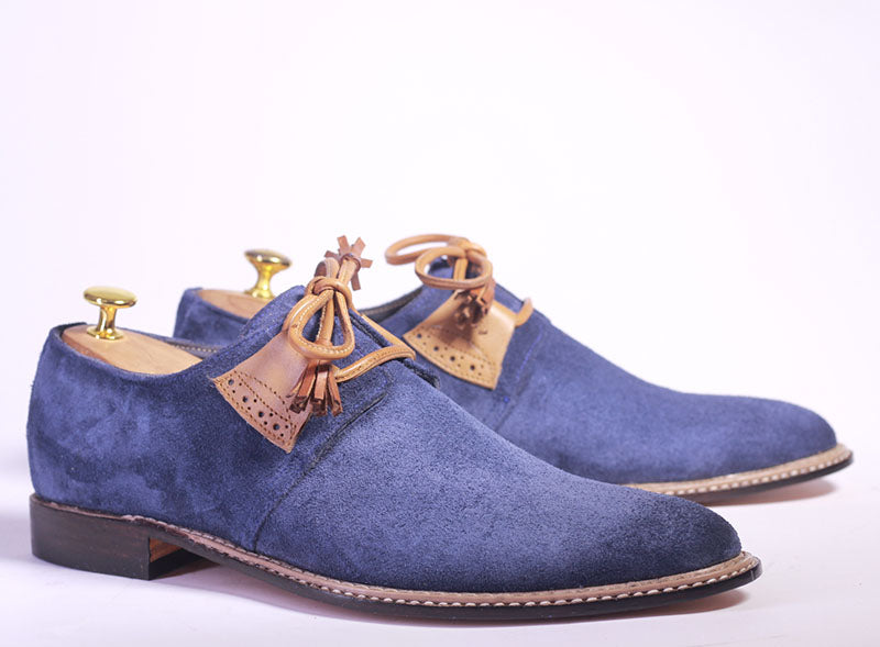 Handmade Men's Blue Suede Shoe, Men Designer Shoes, Men Lace Up Dress Shoes