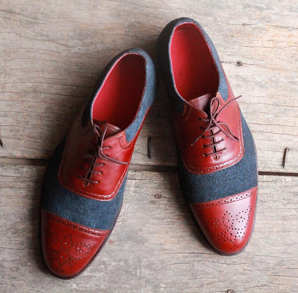 Handmade Mens Two tone brogue dress shoes, Men red and black formal shoes