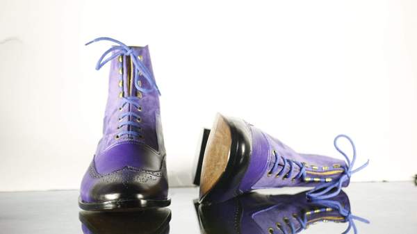 Men's Handmade Blue Wing Tip Brogue Suede Lace Up & Side Zipper Boots, Men  Ankle Boots, Men Designer Boots