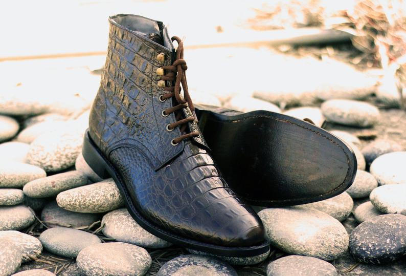Handmade Men black Crocodile leather formal shoes,Men alligator skin shoes  Boots