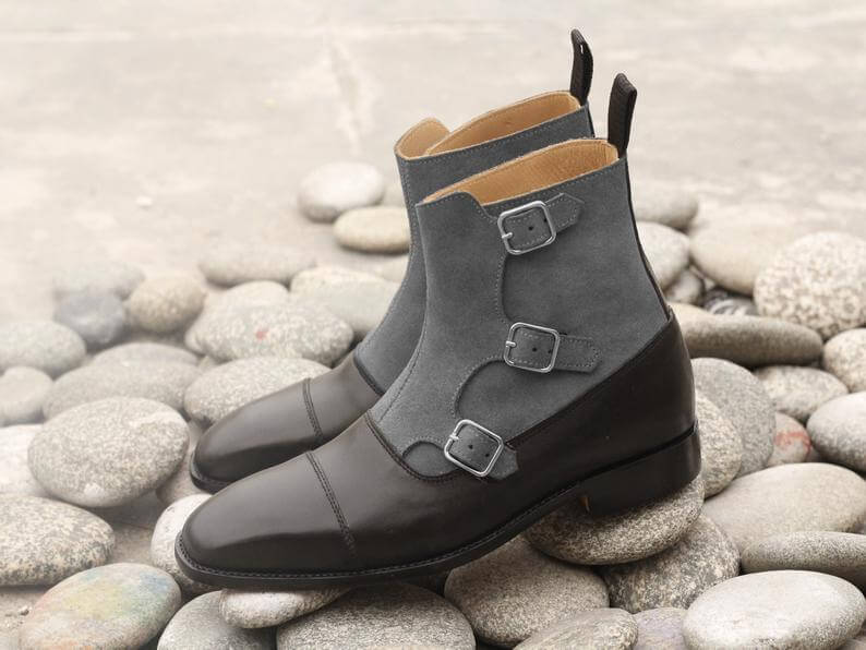 Stylish Handmade Men's Black Leather Gray Suede Cap Toe Triple Monk Strap  Boots, Men Fashion Ankle Boots