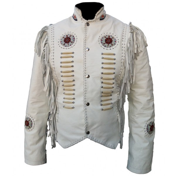 Women's White Lambskin Leather Western Style Fringe Jacket