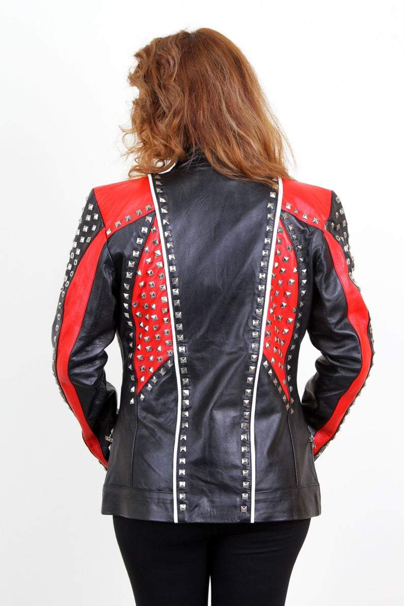 Handmade Womens Black Fashion Studded Punk Style Leather Jacket