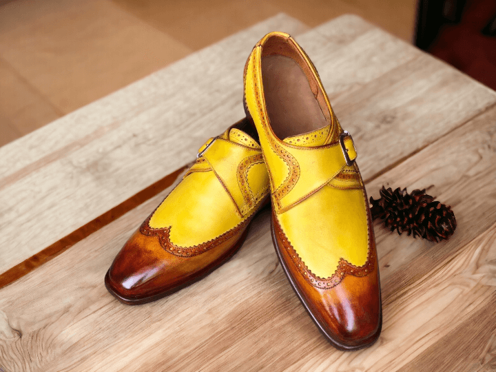 Elegant Design Handmade Men's Brown & Yellow leather Monk dress shoes,New leather shoes - theleathersouq