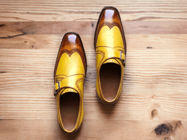 Elegant Design Handmade Men's Brown & Yellow leather Monk dress shoes,New leather shoes - theleathersouq