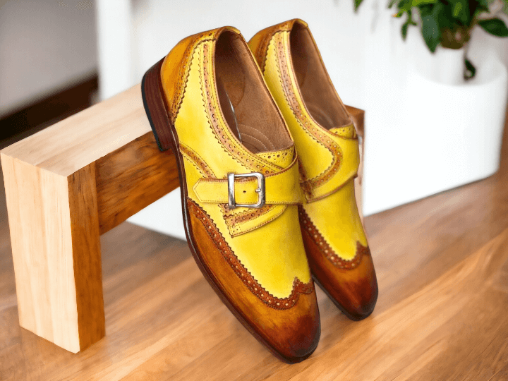 Elegant Design Handmade Men's Brown & Yellow leather Monk dress shoes,New leather shoes - theleathersouq