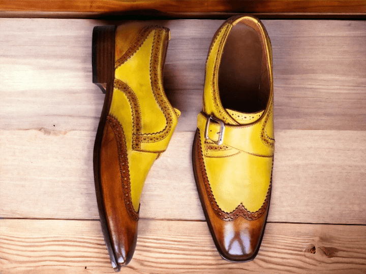 Elegant Design Handmade Men's Brown & Yellow leather Monk dress shoes,New leather shoes - theleathersouq