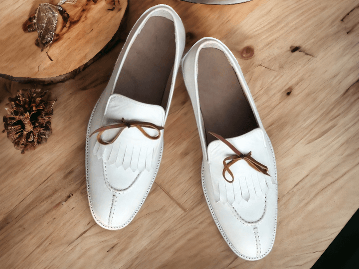 Elegant Handmade Men's White Leather Fringed & Tassel Dress Shoes - theleathersouq