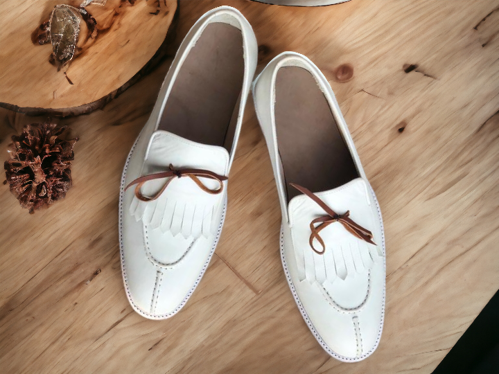 Elegant Handmade Men's White Leather Fringed & Tassel Dress Shoes - theleathersouq