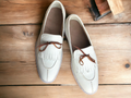 Elegant Handmade Men's White Leather Fringed & Tassel Dress Shoes - theleathersouq