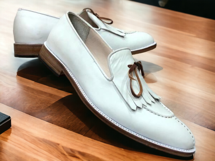 Elegant Handmade Men's White Leather Fringed & Tassel Dress Shoes - theleathersouq