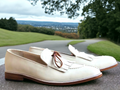 Elegant Handmade Men's White Leather Fringed & Tassel Dress Shoes - theleathersouq