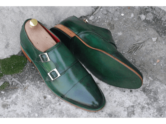 Awesome Men's Handmade Green Leather Cap Toe Buckle Shoes. Men Dress Formal Fashion Shoes