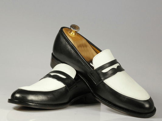 New Handmade Men's Black White Leather Penny Loafer Dress Shoes, Men Designer Shoes