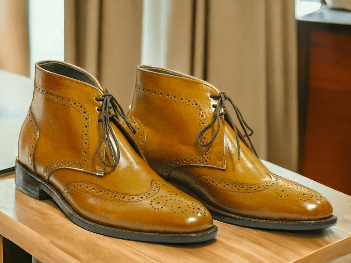 Elegant Handmade Men's Tan Brown Leather Wing Tip Brogue Lace Up Boots, Men Ankle Boots, Men Fashion Boots