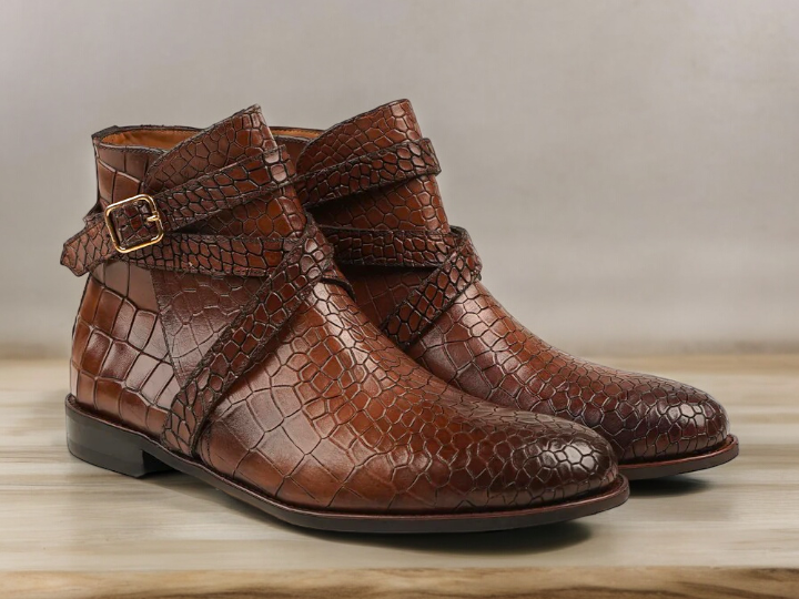 Elevate your style with these Awesome Handmade Men's Brown Python Textured Leather Jodhpur Boots. Handcrafted with meticulous attention to detail, these boots exude sophistication and luxury. The python texture adds a unique touch, while the ankle height provides both support and comfort. Perfect for any fashion-forward man.