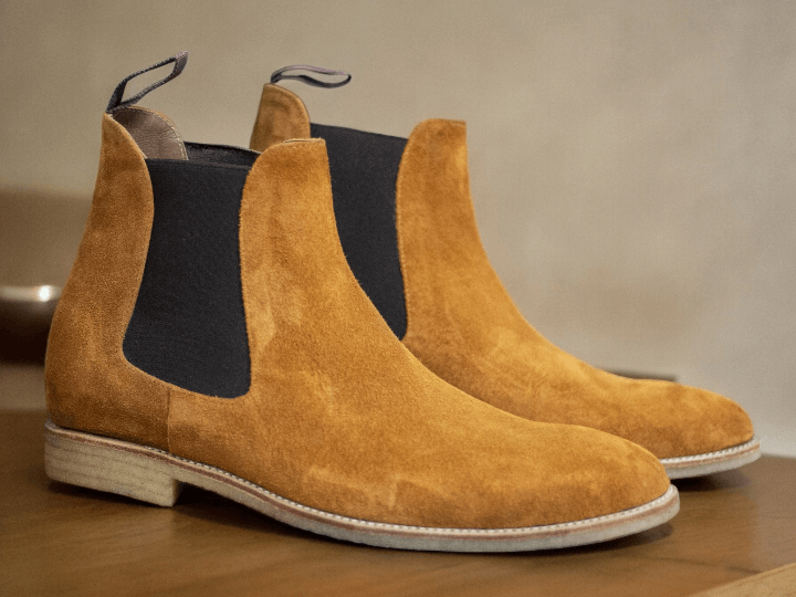 Experience ultimate style and comfort with our Awesome Handmade Men's Camel Color Suede Chelsea Boots. Designed with men in mind, these boots are perfect for any occasion. Handcrafted with care, these designer boots will elevate your look and keep you on-trend. Step out in style and confidence with our exclusive ankle boots.