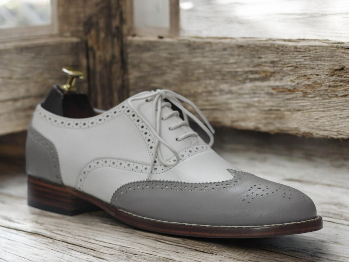 Awesome Handmade Men's White Grey Leather Wing Tip Brogue Shoes, Men Designer Fashion Shoes