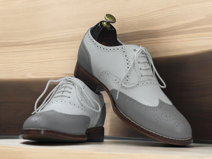 Awesome Handmade Men's White Grey Leather Wing Tip Brogue Shoes, Men Designer Fashion Shoes