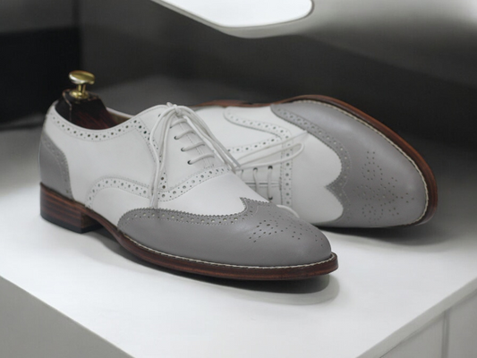 Awesome Handmade Men's White Grey Leather Wing Tip Brogue Shoes, Men Designer Fashion Shoes