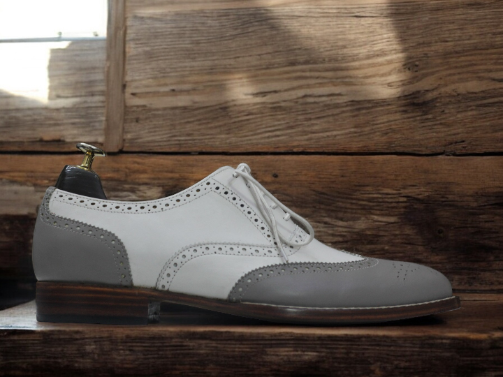 Awesome Handmade Men's White Grey Leather Wing Tip Brogue Shoes, Men Designer Fashion Shoes