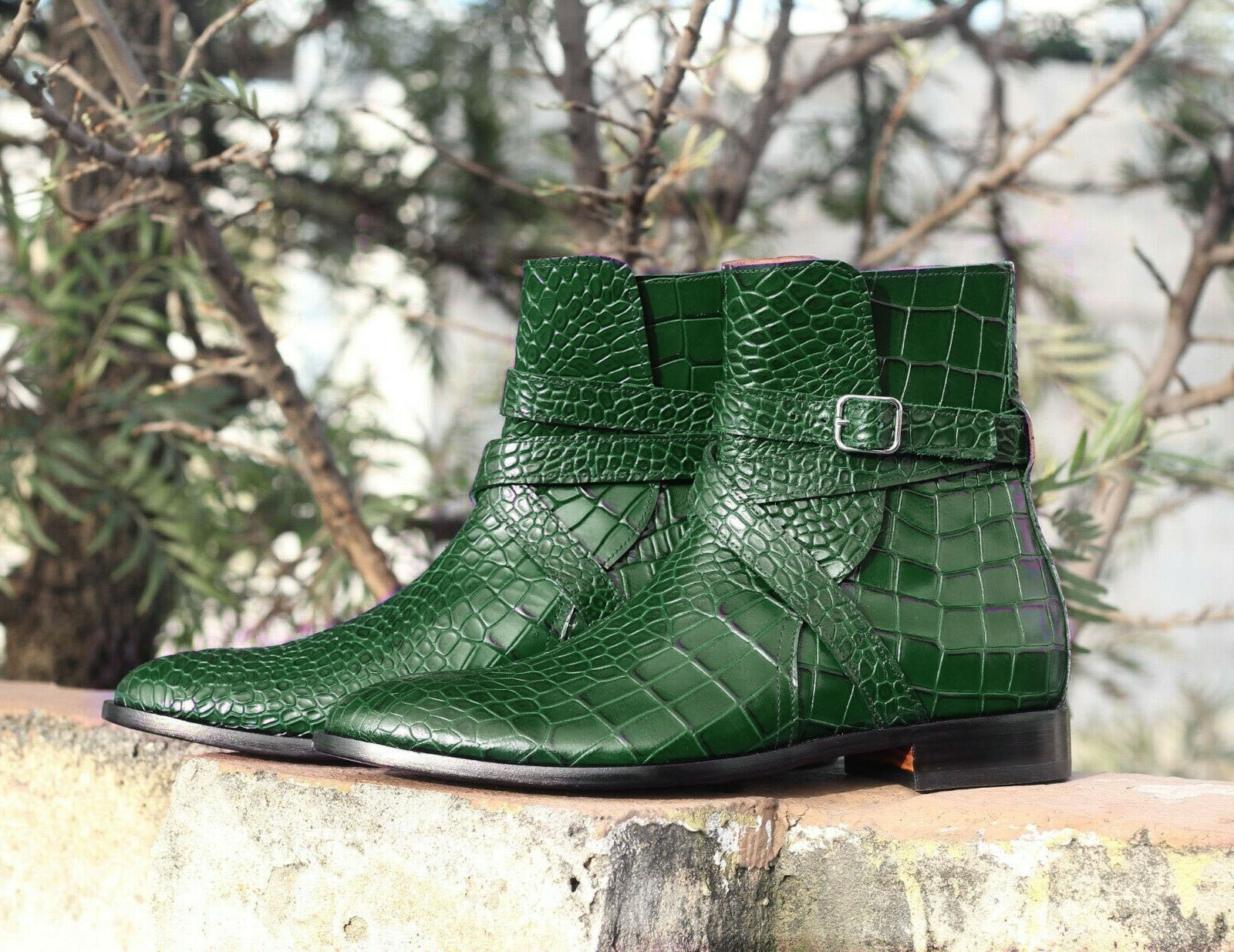 Handmade men green crocodile textured shoes, leather shoes men, oxford shoes