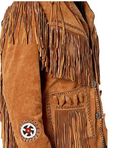 Men's Brown Fringed & Bones Cowboy Style Suede Leather Jacket