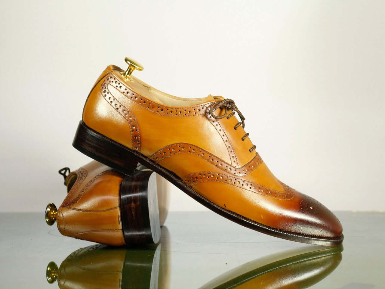 Handmade Men's Tan Wing Tip Brogue Leather Lace Up Shoes, Men Designer Dress Formal Shoes - theleathersouq