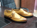 Stylish Men's Handmade Tan Color Leather Monk strap dress Burnished Toe Shoes, custom made leather shoes - theleathersouq