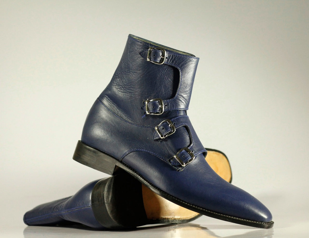 Handmade Men's Blue Quad Monk Straps Leather Ankle Boots, Men Designer Boots - theleathersouq