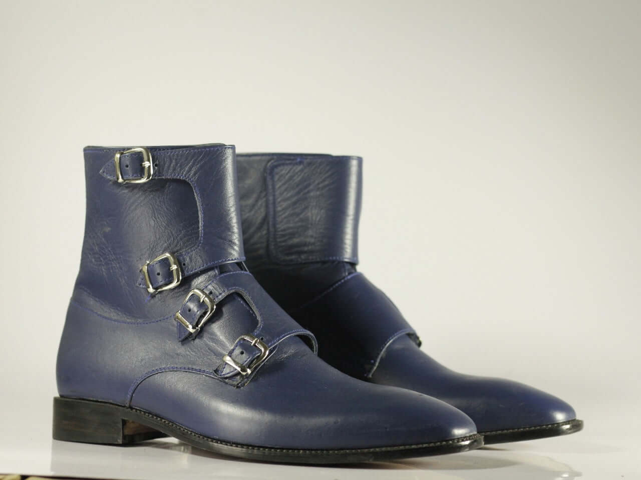 Handmade Men's Blue Quad Monk Straps Leather Ankle Boots, Men Designer Boots - theleathersouq