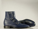 Handmade Men's Blue Quad Monk Straps Leather Ankle Boots, Men Designer Boots - theleathersouq