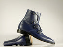 Handmade Men's Blue Quad Monk Straps Leather Ankle Boots, Men Designer Boots - theleathersouq