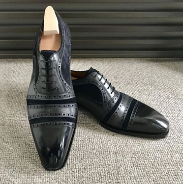 Latest Handmade men's Black Leather & Suede Shoes, Men Lace up Cap Toe Dress Fashion Shoes - theleathersouq