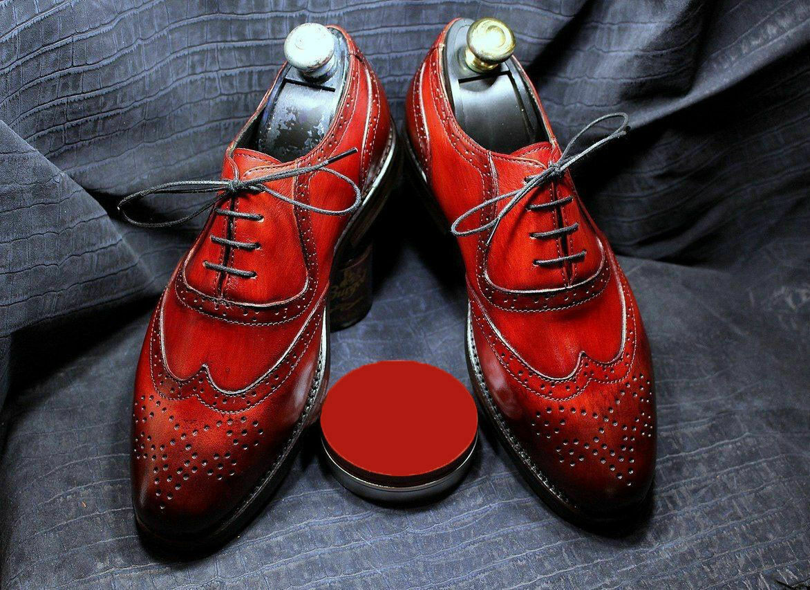 Stylish Men's Hand stitch Custom Shoes, Wing tip Red Leather