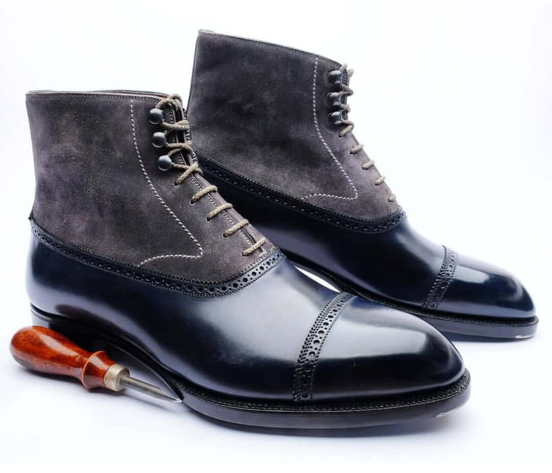 Stylish Handmade Men's Black & Gray leather & Suede Boots, Men's Lace up Cap Toe Boots - theleathersouq