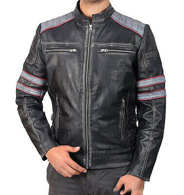 Cafe Racer Retro Classic Black gray Distressed Biker Leather Jackets For Men - theleathersouq