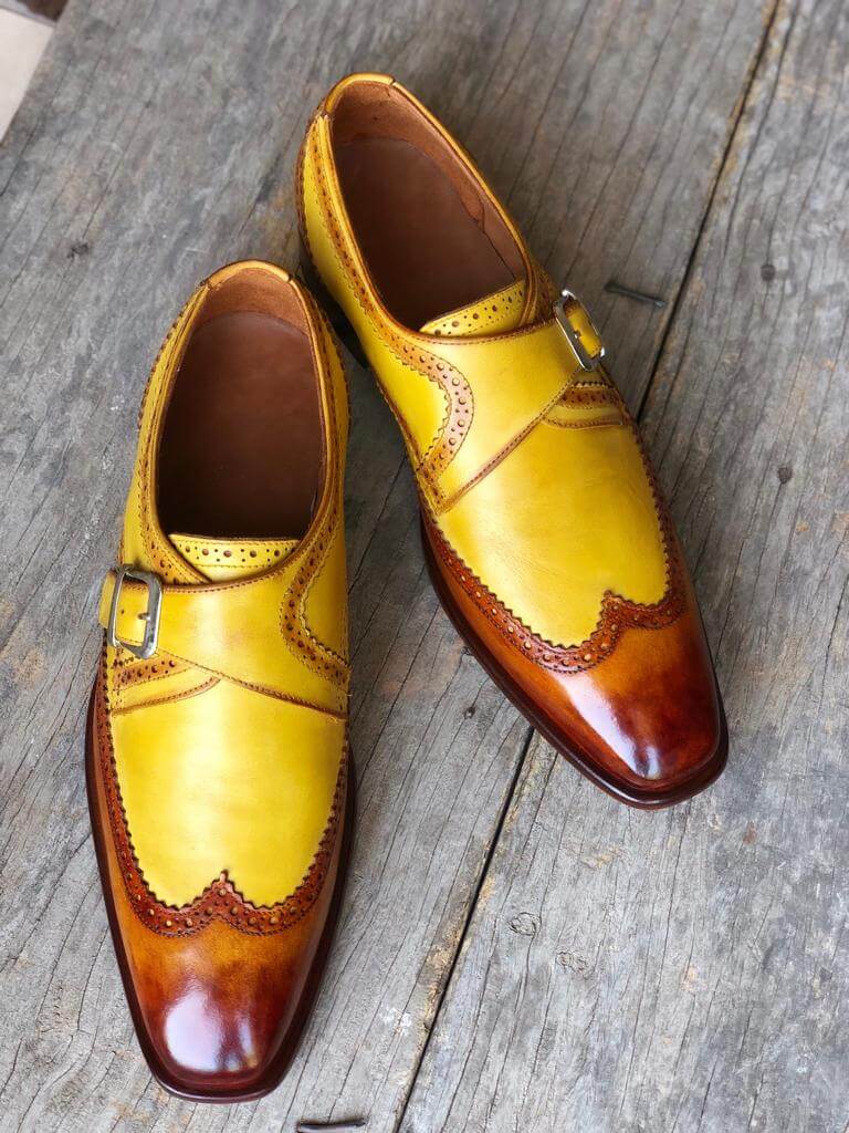 Elegant Design Handmade Men's Brown & Yellow leather Monk dress shoes,