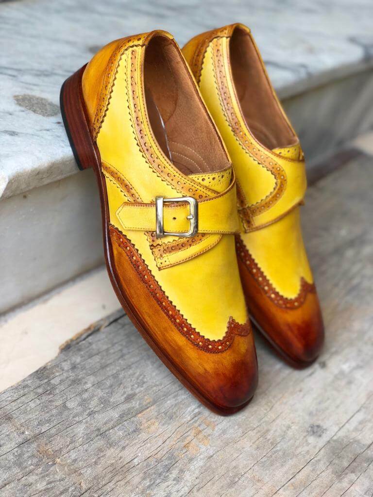 Handmade Men's Two Tone Yellow Brown Leather Wing Tip  Monk Strap Shoes, Men Designer Dress Formal Luxury Shoes - theleathersouq