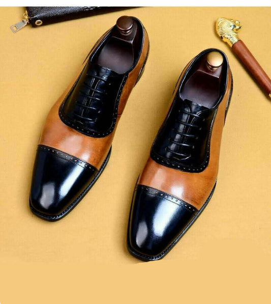 Stylish Handmade Men's Tan & Black Two Tone Leather Shoes, Fashion Formal Leather Shoes - theleathersouq