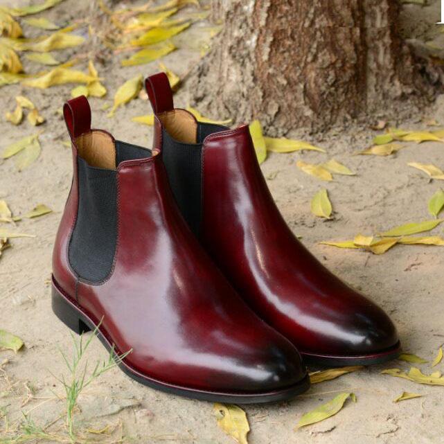 Handmade Men's burgundy color Leather Chelsea ,Men Ankle High Le theleathersouq