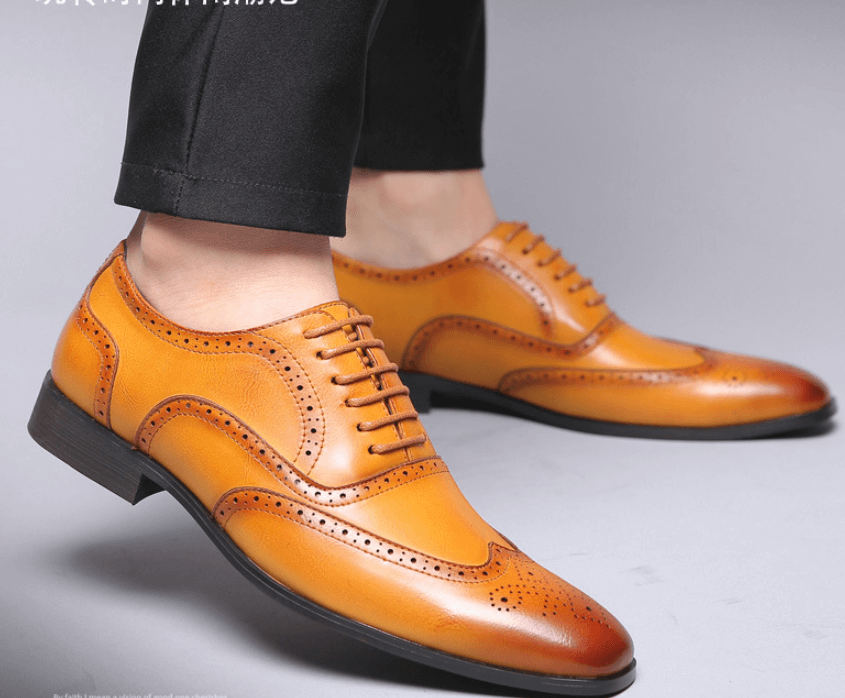 Stylish Men's Handmade Tan Leather Lace Up Wing Tip Burnished Toe Brogue Dress shoes - theleathersouq