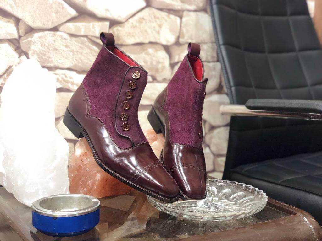 Stylish Men's Handmade Brown & Purple Leather & Suede Boots, Men Casual Ankle High Boots - theleathersouq