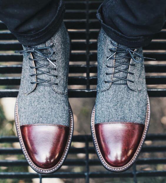 Stylish Men's Handmade Burgundy & Gray Ankle High Leather & Tweed Lace Up Boots - theleathersouq