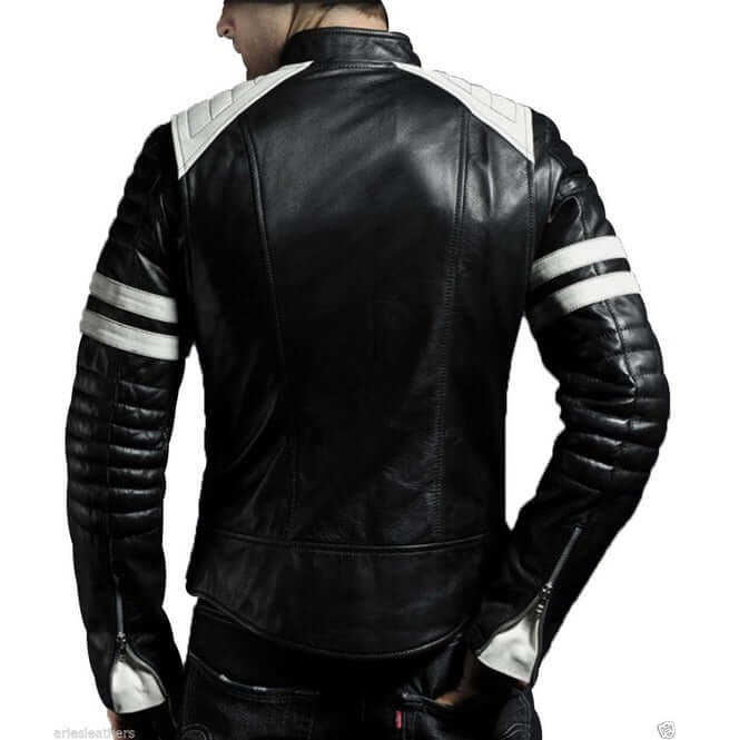 Men Black & White Biker Jacket, Men's Leather Biker Jacket - theleathersouq