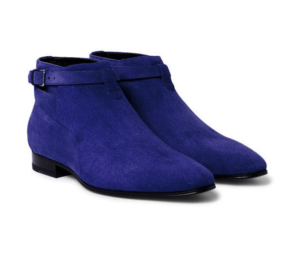 Stylish Men's Handmade Blue Color Suede Jodhpur Ankle High Buckle Dress Boots - theleathersouq