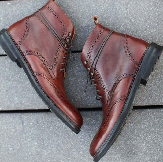 Stylish Handmade Men's Wing Tip Brogue Leather Boots, Men Brown Ankle High Lace Up Boots - theleathersouq