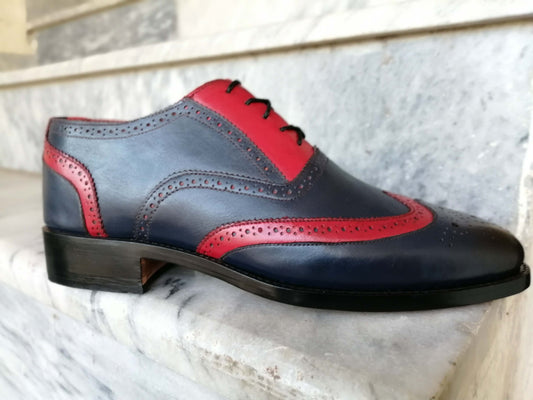 Stylish Handmade Men's Navy Blue & red Leather Wing Tip Brogue Dress Shoes - theleathersouq