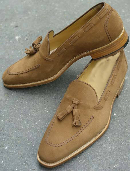 Stylish Men's Handmade Camel Color Suede Tassel Loafers, Men's Suede Tussle Shoes - theleathersouq